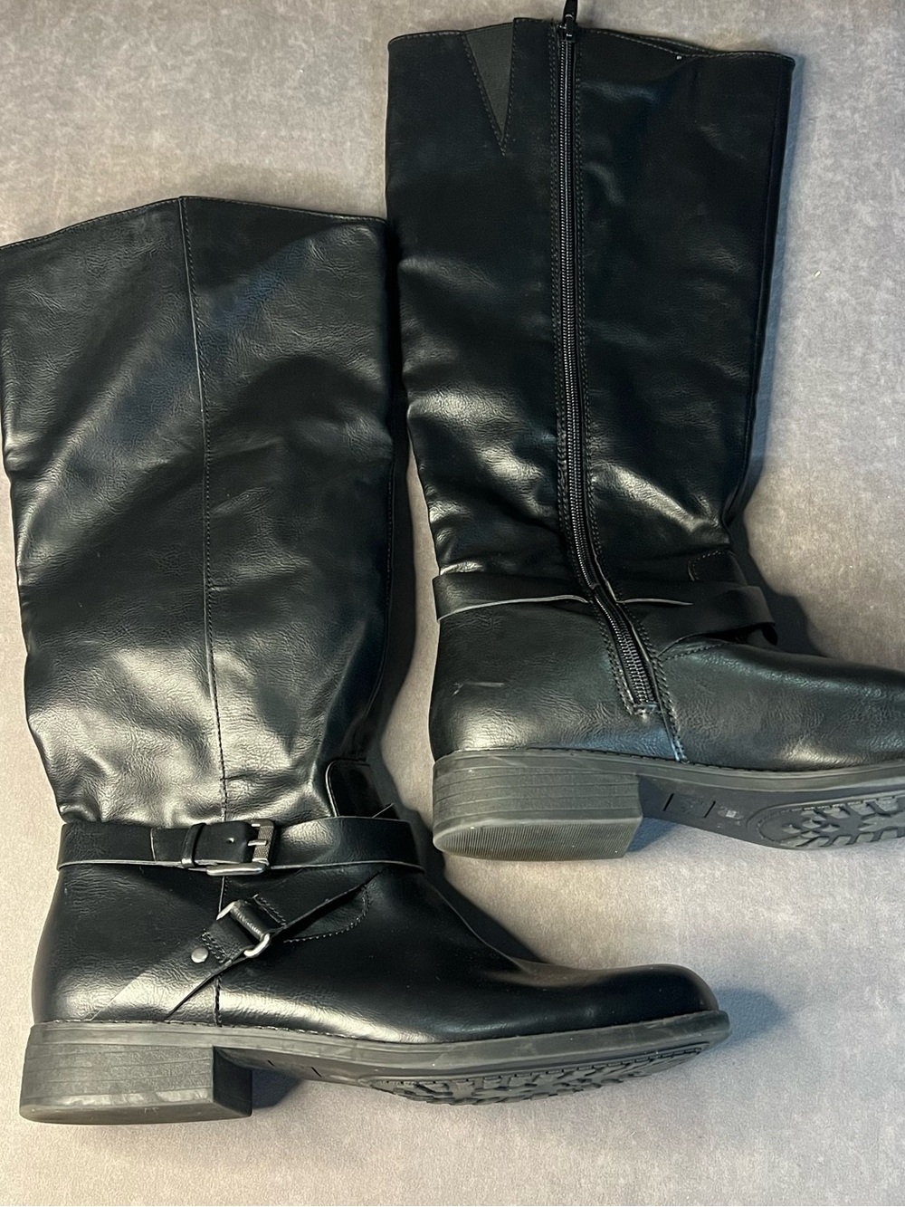 Women's Black Mid-Calf Buckle Strap Heeled Boots